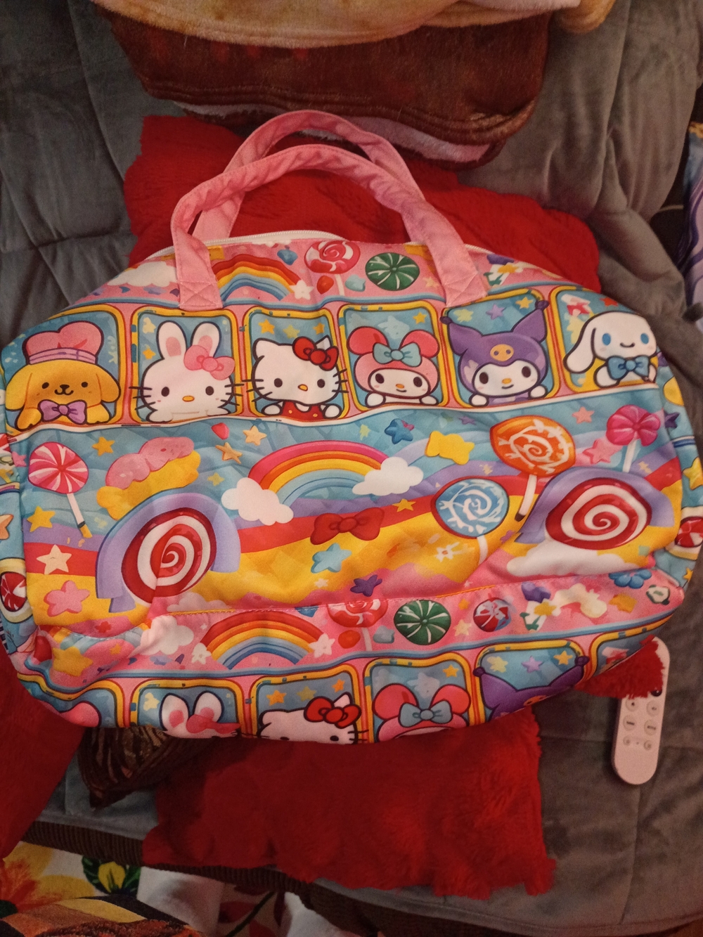 Sanrio Happy BUS Rainbow Candy Duffel Bag W All The Characters - Pink & Multi